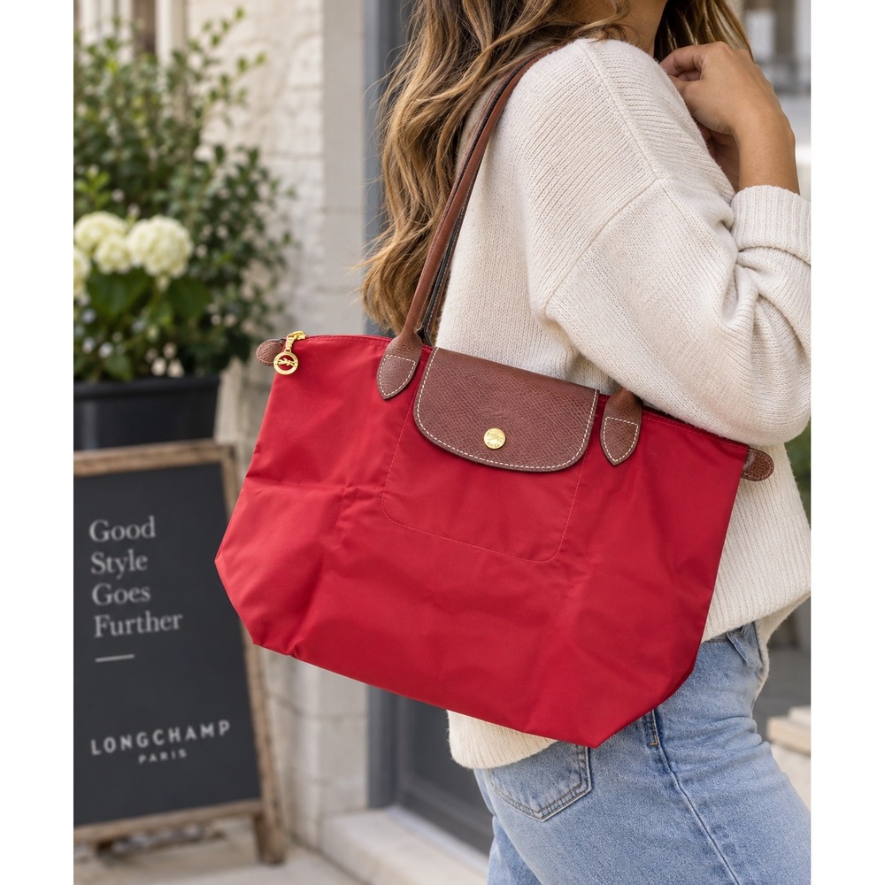 Longchamp Le Pliage Red Nylon Brown Leather Shoulder Tote Bag Made in France